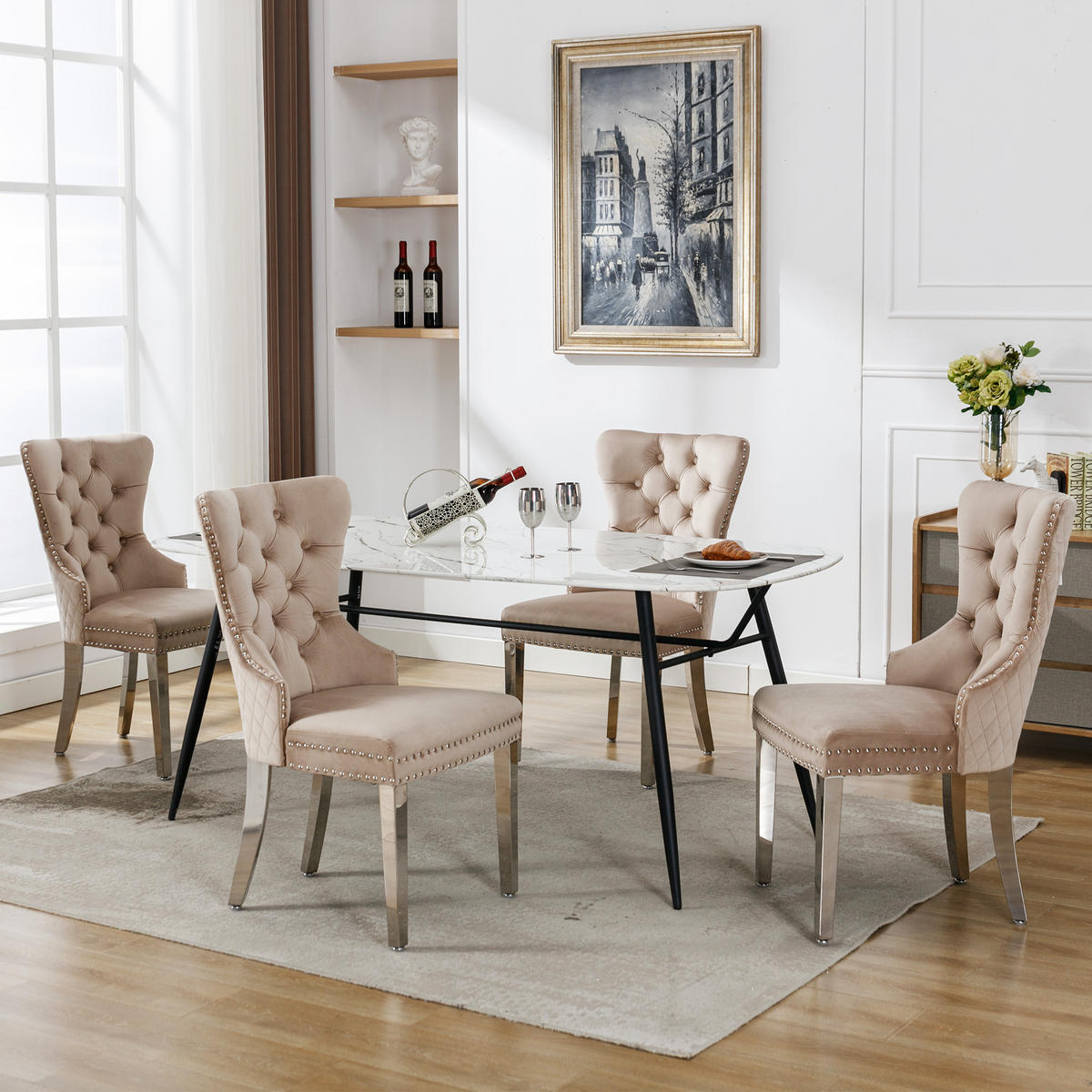 WOHNZIMMER STÜHLE mit Samtbezug, Nagelkopfbesatz und Metallbeinen, Beige - Beige, Textil (53/94.5/62.5cm) - EVRYAE
