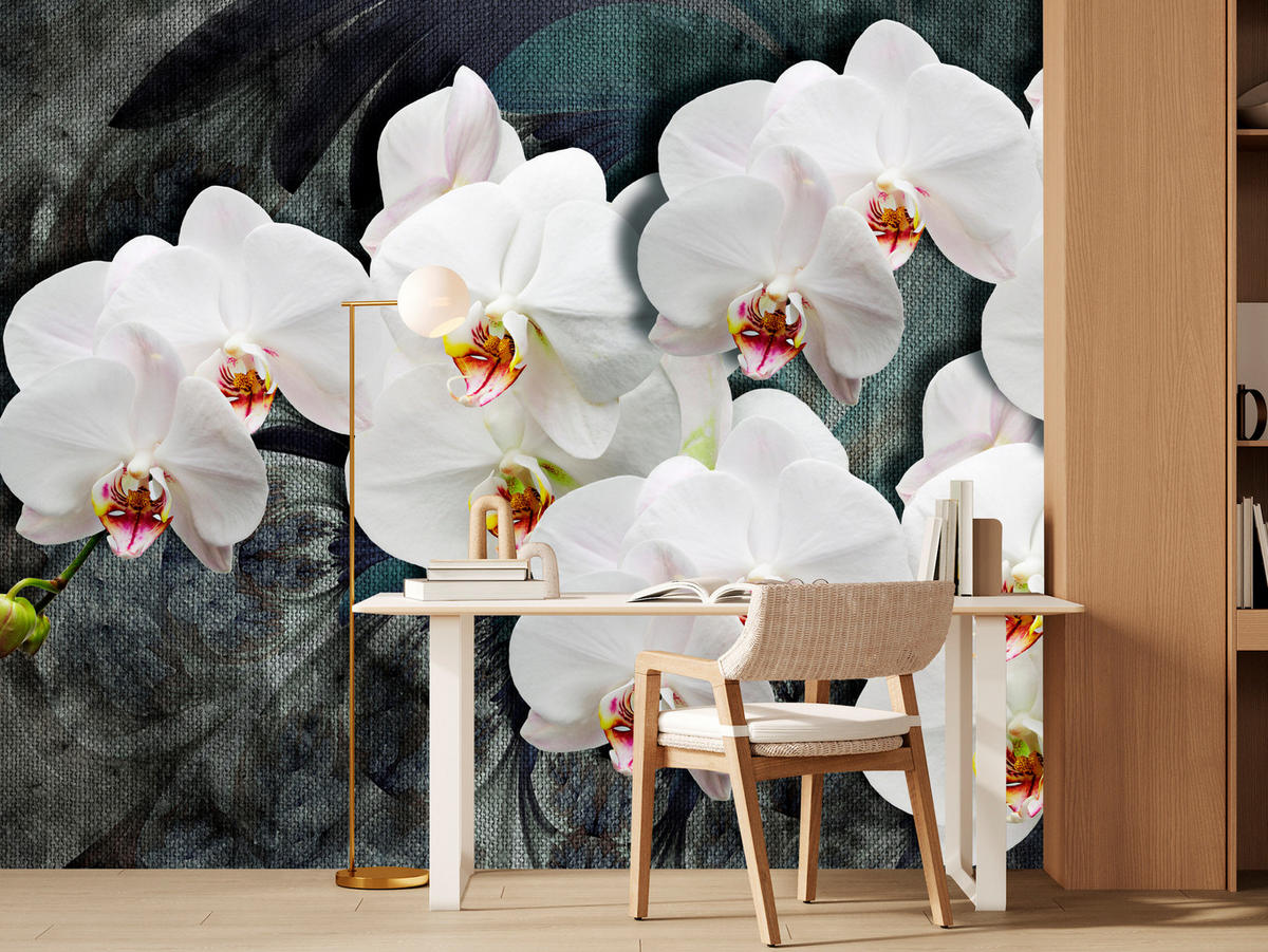 FOTOTAPETA Pre Spálňu Biele Orchidey Rustikálne Pozadie Florálna 300 x 210 cm - sivá/biela, papier (300/210cm) - Muralo
