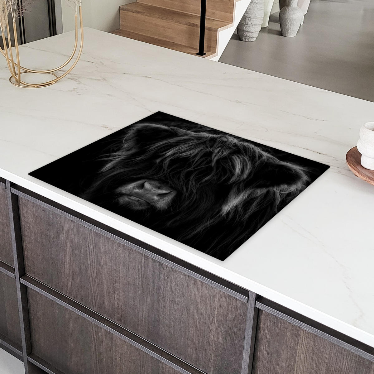 HERDABDECKPLATTE Schottischer Highlander - Kuh - Schwarz - Weiß - Tiere Induktionsmatte 77x59 cm - Schwarz, Kunststoff (77/59/0.2cm) - MuchoWow