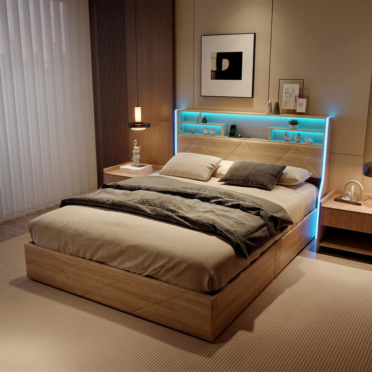 POLSTERBETT 160/200 cm weiß mit LED, USB und Stauraum - Weiß, Holz