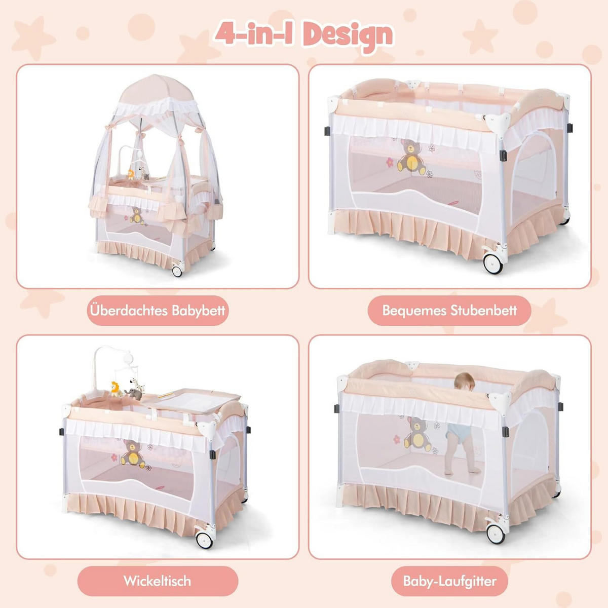 BABYBETT mit abnehmbarem Baldachin rosa - Pink, Textil - COSTWAY