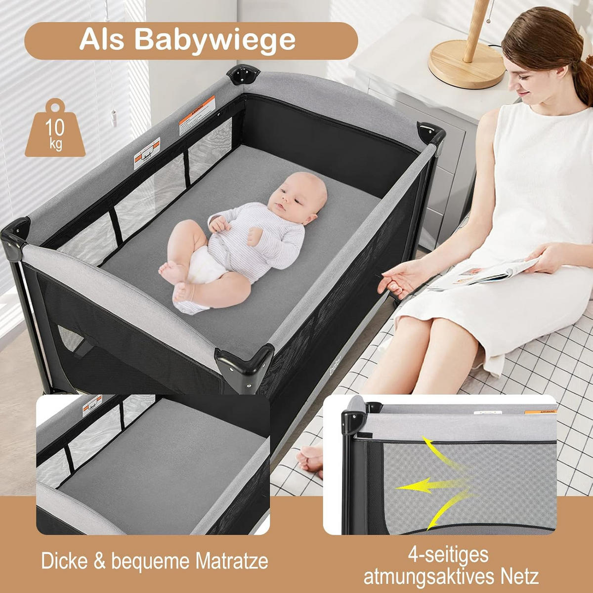 BABYBETT 5 in 1 Babyreisebett Schwarz - Schwarz, Textil - COSTWAY