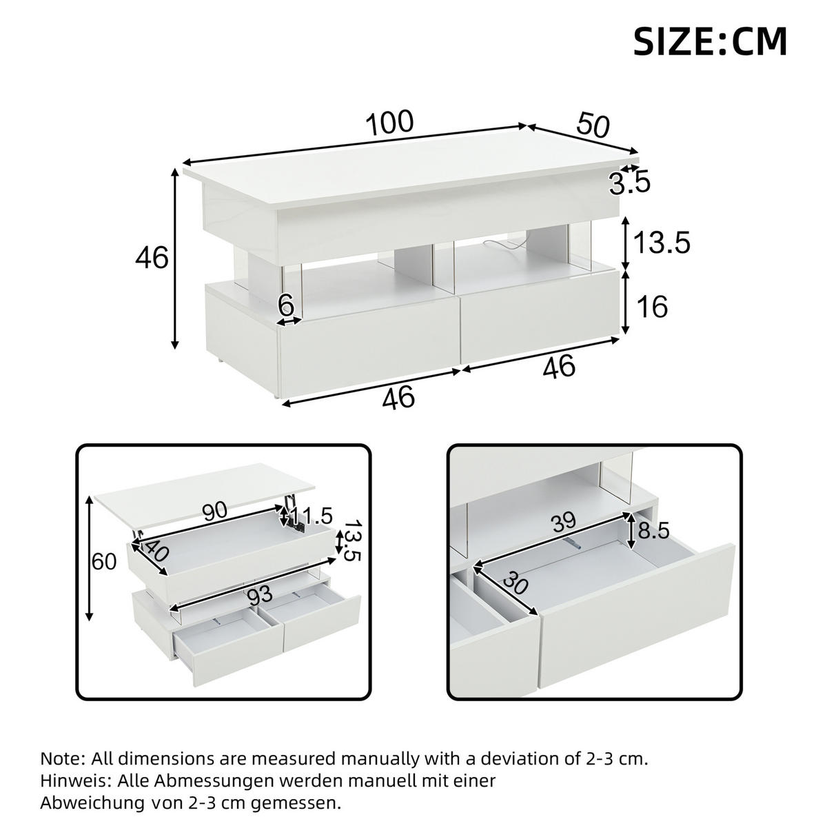KONFERENČNÍ stolek, 100/50/46 cm bílý, výškově nastavitelný s LED a úložným prostorem - bílá, kompozitní dřevo (120/50/46cm) - BEAOK