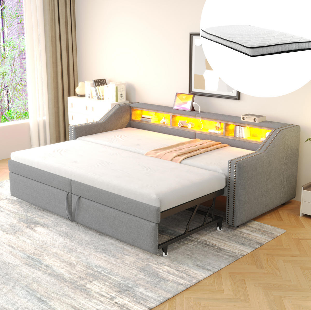 BETT 90/180 x 200 cm mit Auszug, USB und LED – inkl. 2 Matratzen - Hellgrau, Textil (90/200cm) - BEAOK
