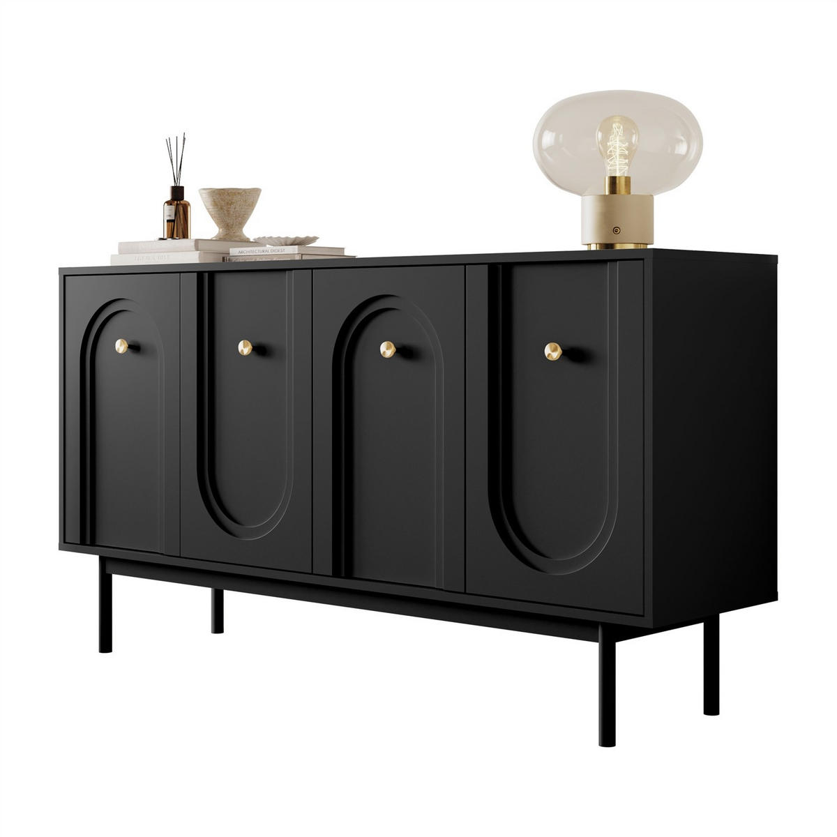 Sideboard LIBERTY 4D auf Holzbeinen schwarz - Schwarz, Holzwerkstoff (154/82/39cm) - Lookway