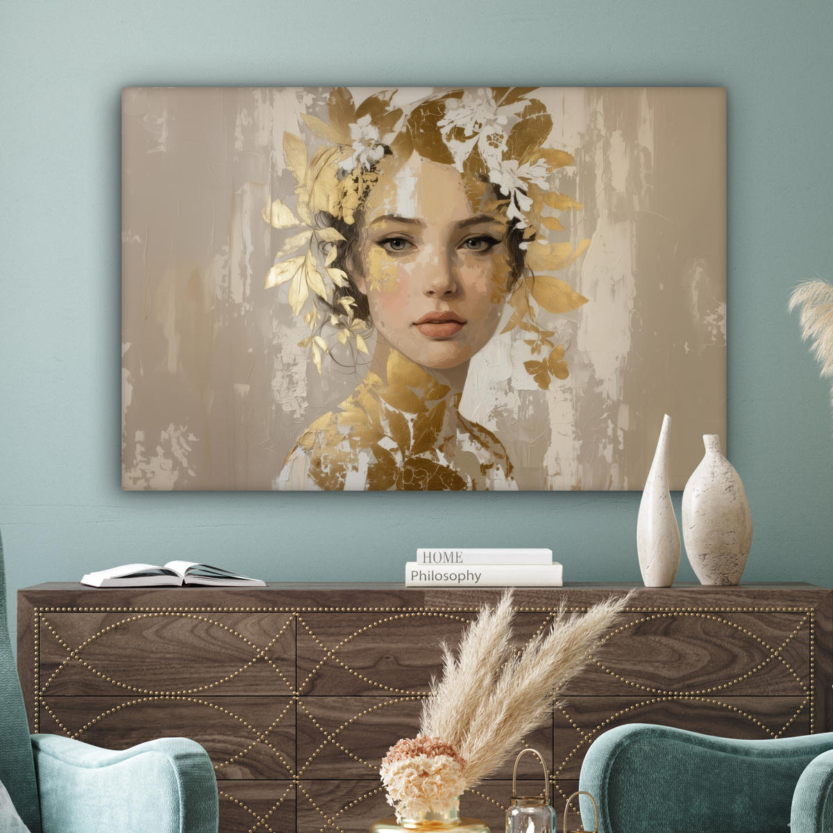 LEINWANDBILD Gesicht - Frau - Blätter - Gold Wohnzimmer Groß 120x80 cm - Beige, Textil (120/80cm) - MuchoWow