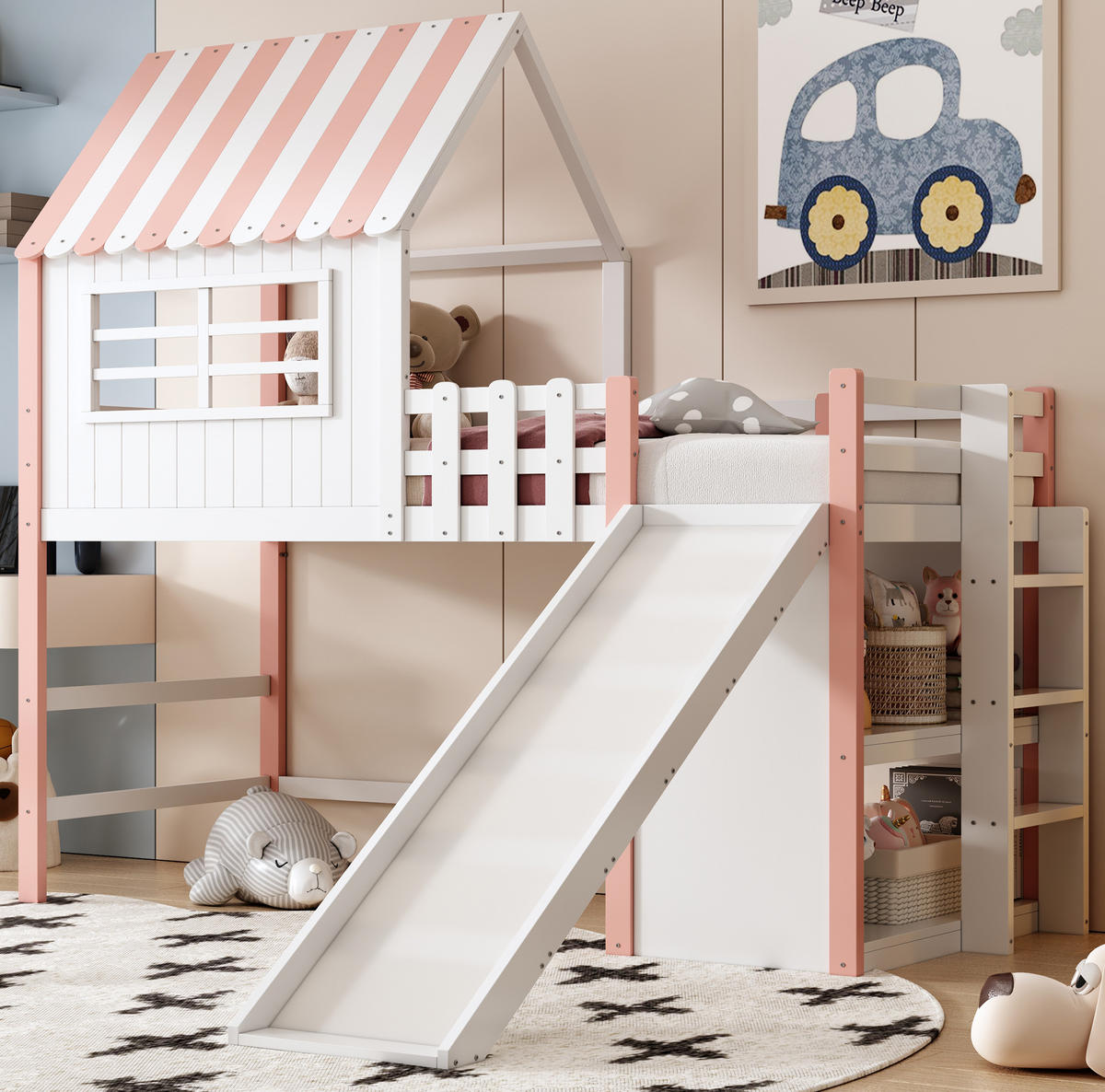 HOCHBETT 90/200 cm Rosa mit Rutsche, Stauraum und Spielbereich - Pink, Holz (90/200cm) - MIVRAY