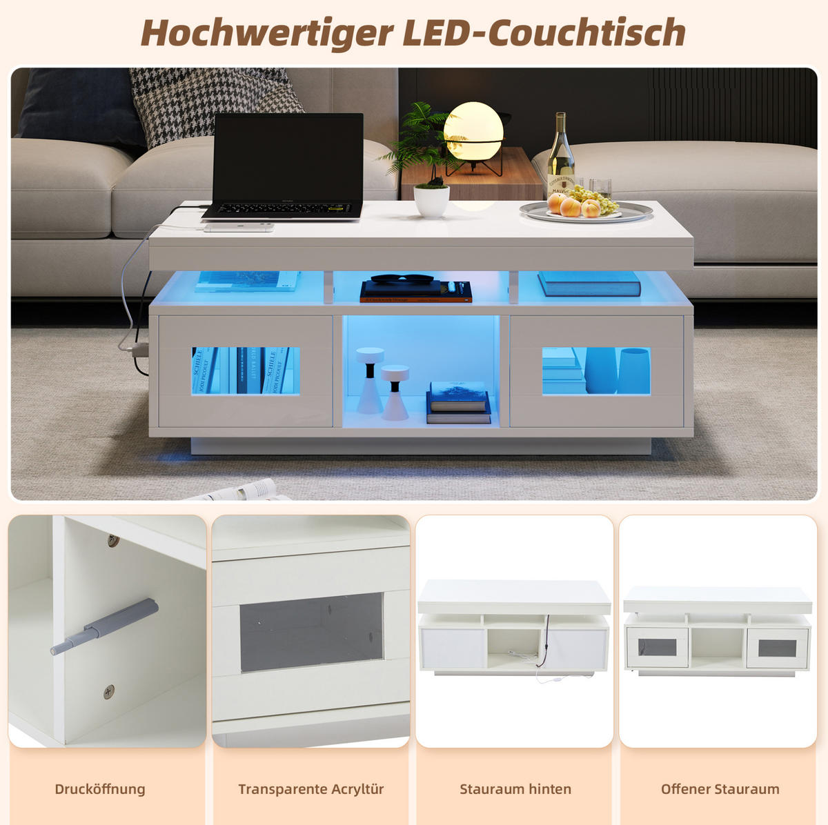 COUCHTISCH aus Spanplatte 100x50x43 cm Weiß mit LED-Beleuchtung, Steckdose und Stauraum - Weiß, Holzwerkstoff (100/50/43cm) - IVMEU