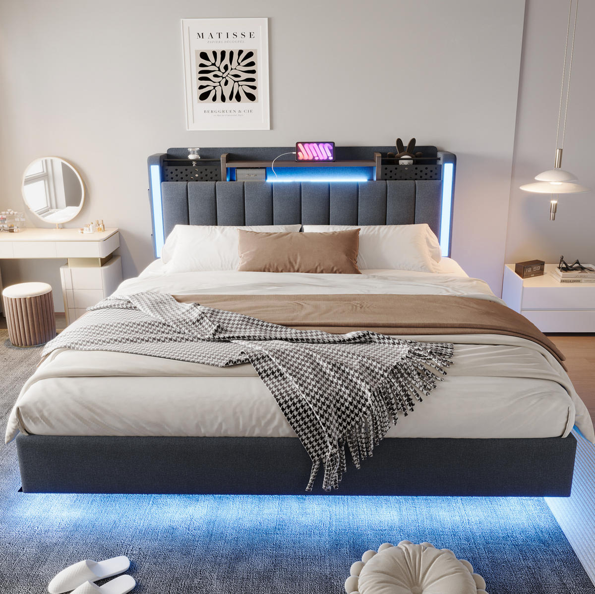 ČALÚNENÁ posteľ z ľanovej látky 160x200 cm sivá s LED osvetlením, USB portom a úložným čelom - sivá, textil (160/200cm) - Modfu