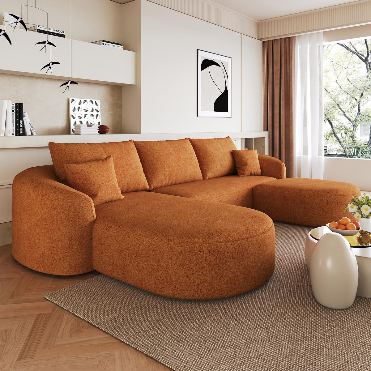 WOHNLANDSCHAFT Links, U-Form 266 cm ohne Montage, DE-34817, Orange - Orange, Textil (336/85/168cm) - ComfortXL