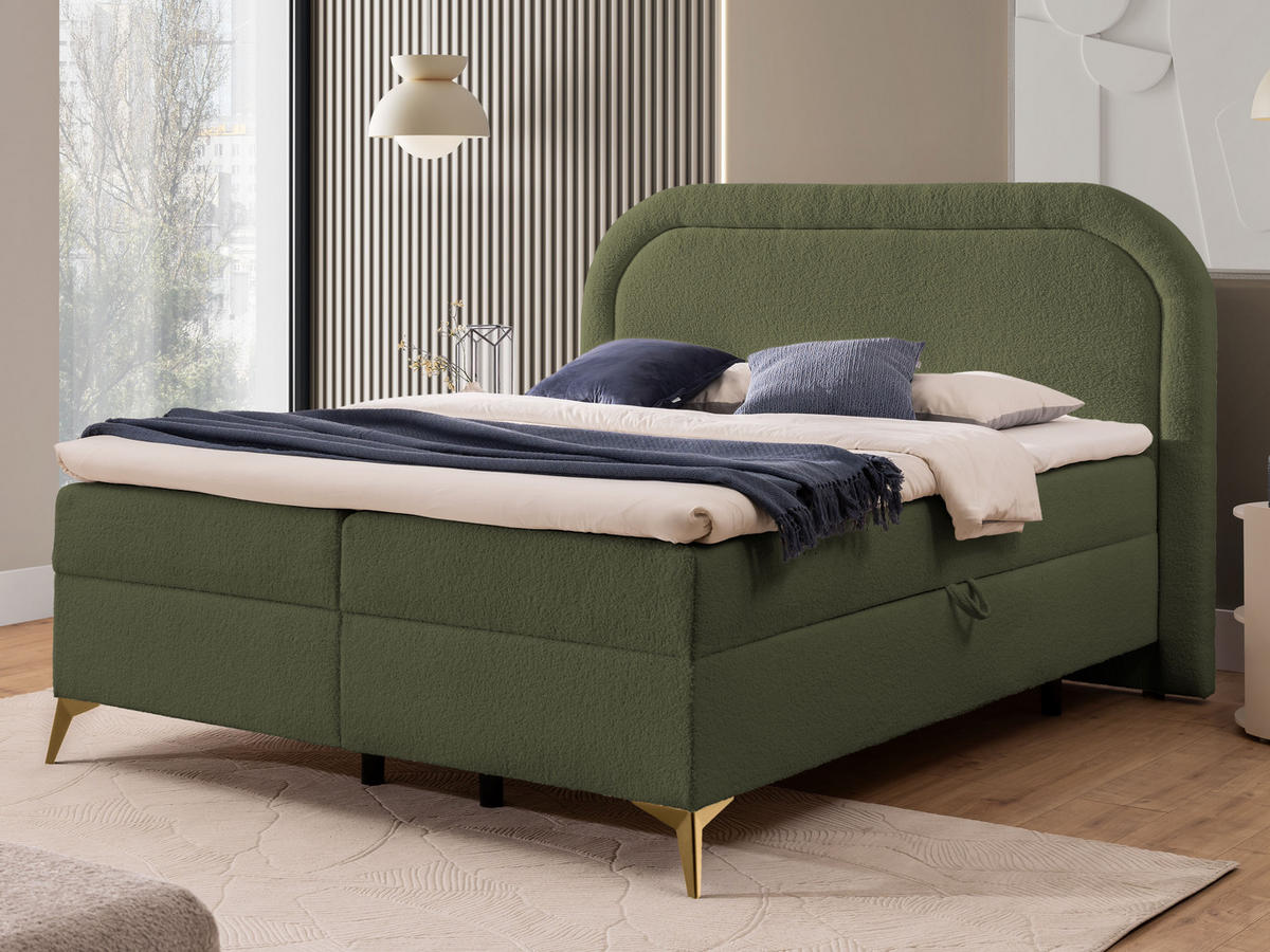 BOXBETT Sonna 200/200 cm Grün Bouclé-Stoff mit abgerundetem Kopfteil und mit goldenen Metallfüßen - Goldfarben/Grün, Holz/Textil (200/200cm) - S-Style Möbel