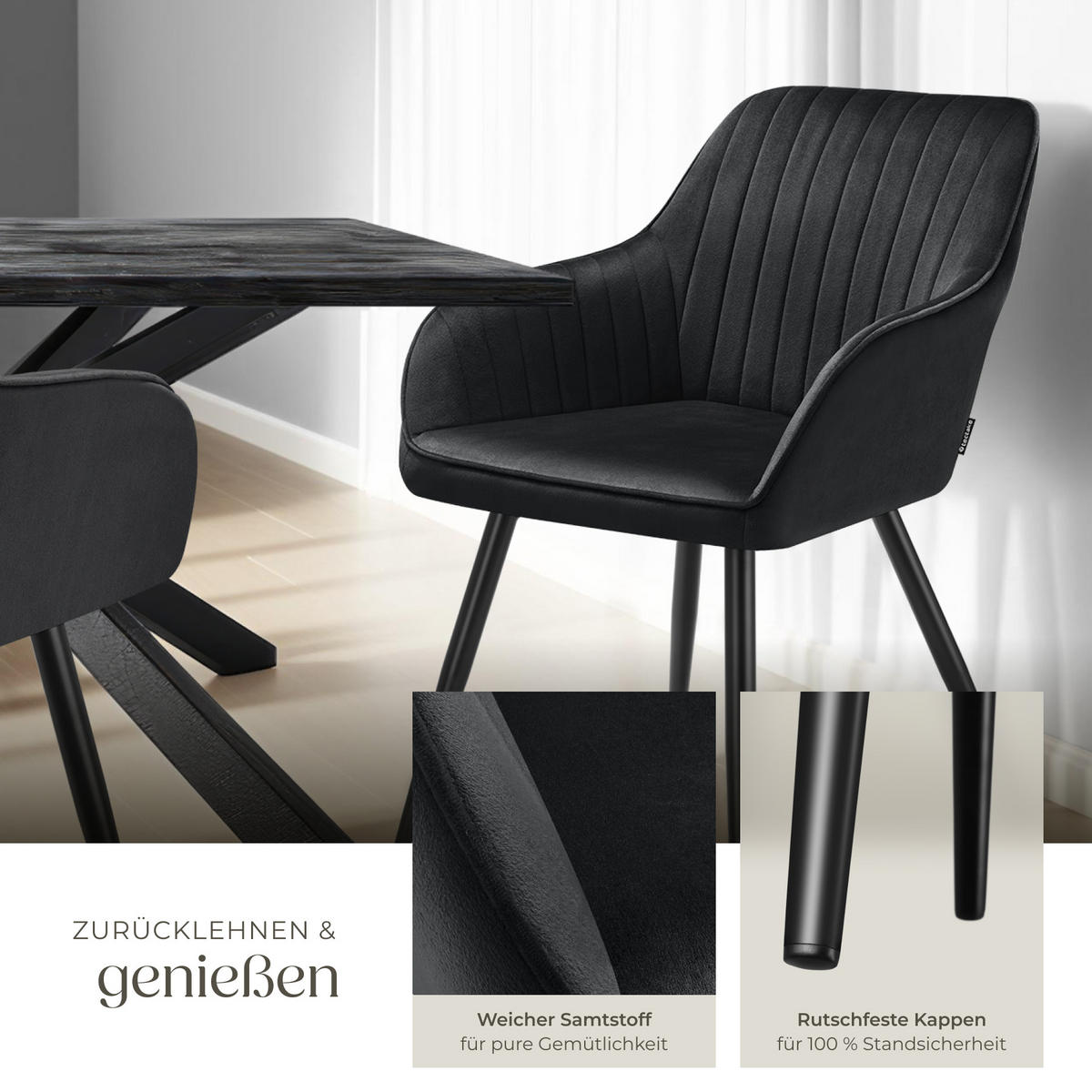 ESSZIMMERSTUHL 2er Set Marilyn 58 x 62 x 82 cm schwarz/schwarz - Schwarz, Metall (58/82/62cm) - tectake
