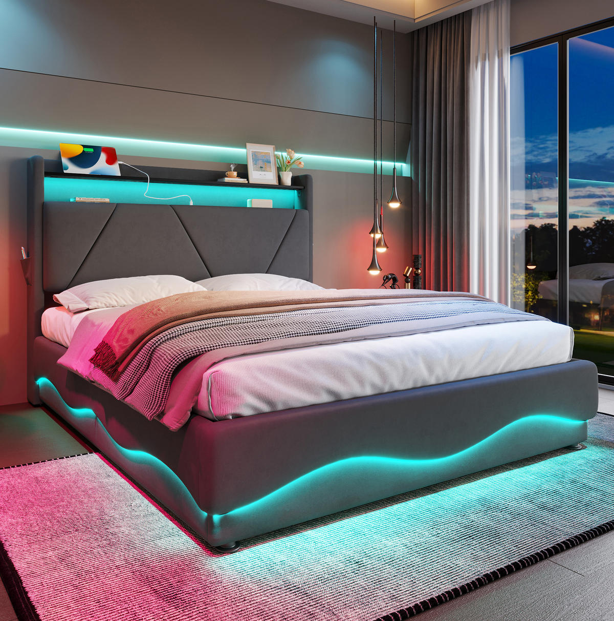 POLSTERBETT 140/200 cm mit LED-Beleuchtung, USB-/Type-C-Anschlüssen, Bettkasten und Regal im Kopfteil, Samt, Dunkelgrau - Dunkelgrau, Textil (140/200cm) - Redom