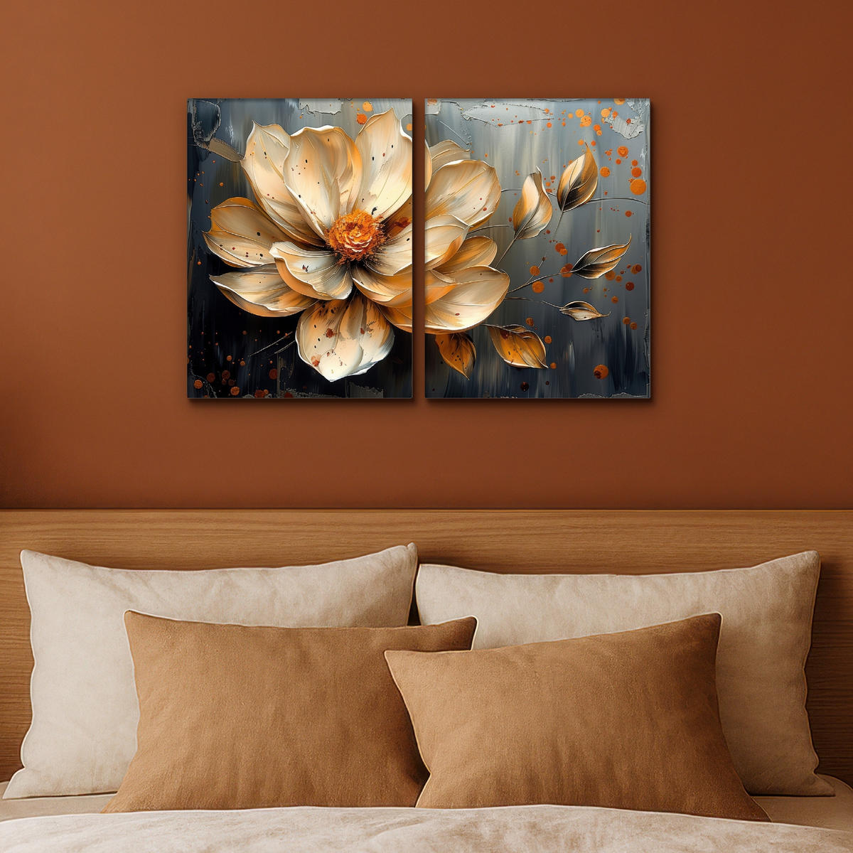 LEINWANDBILD 2er Set Blume - Gold - Abstrakt - Farbe 60x40 cm - Creme, Textil (60/40cm) - MuchoWow