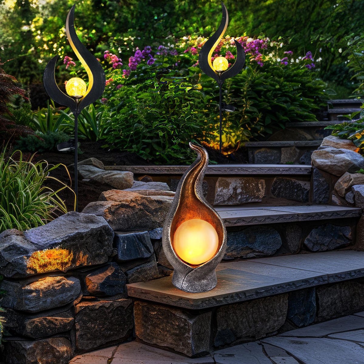 LED AUSSENLEUCHTE Bronze Flammen-Design 3er Set - Bronzefarben, Glas (12/11/26.5cm) - Globo Lighting