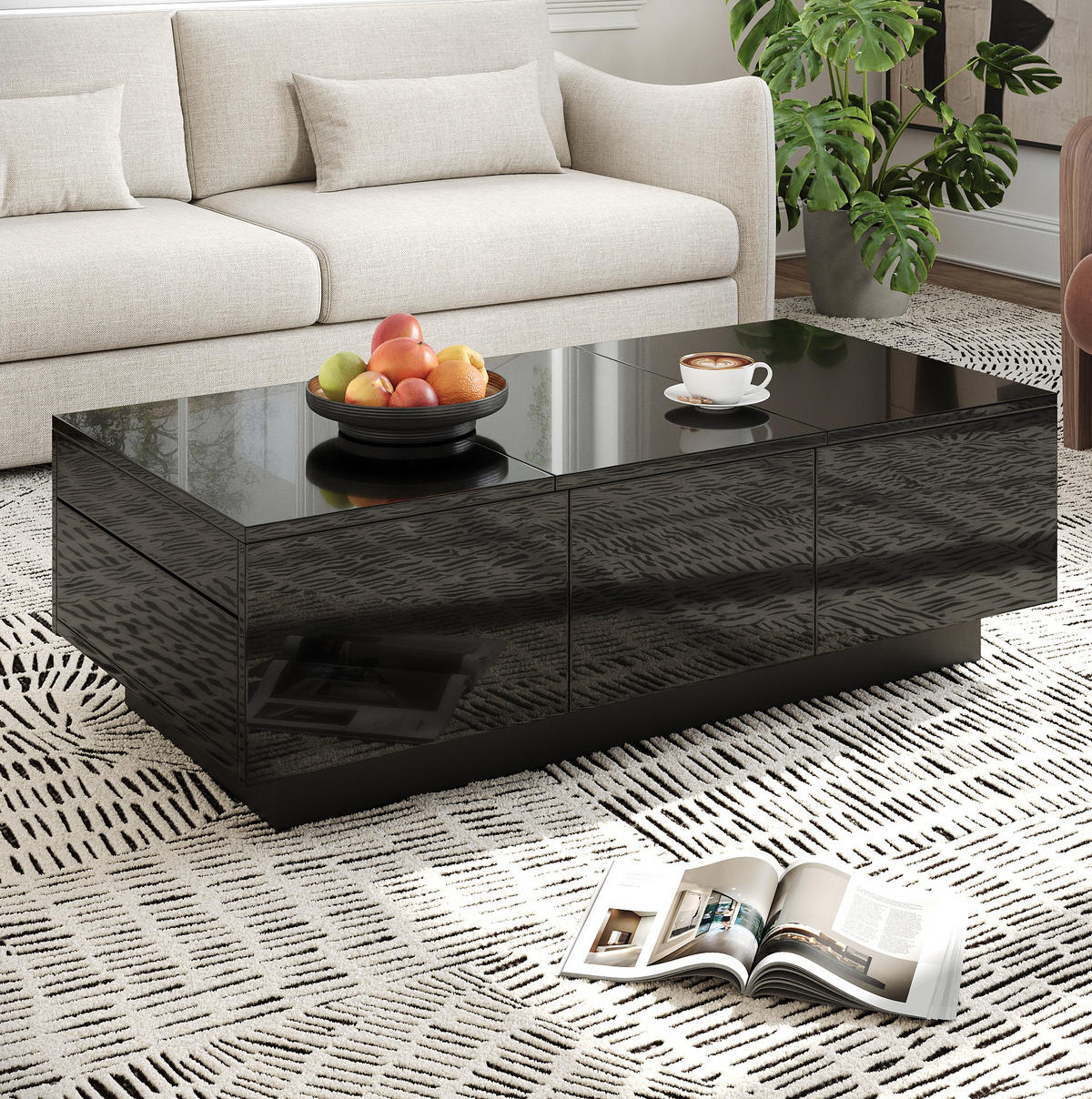 COUCHTISCH 100/31/50 cm Schwarz hochglänzend mit Schubladen und Schiebefächern - Schwarz, Holzwerkstoff (100/50/23.5cm) - OKWISH