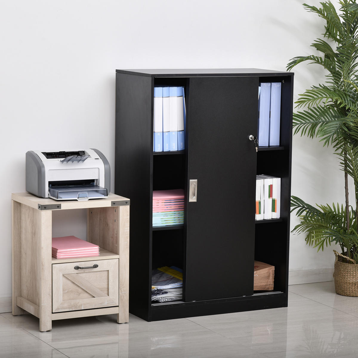 AKTENSCHRANK DE-14416 2 Schiebetüren abschließbar, 2 Böden Schwarz - Schwarz, Holzwerkstoff (40/120/80cm) - ComfortXL