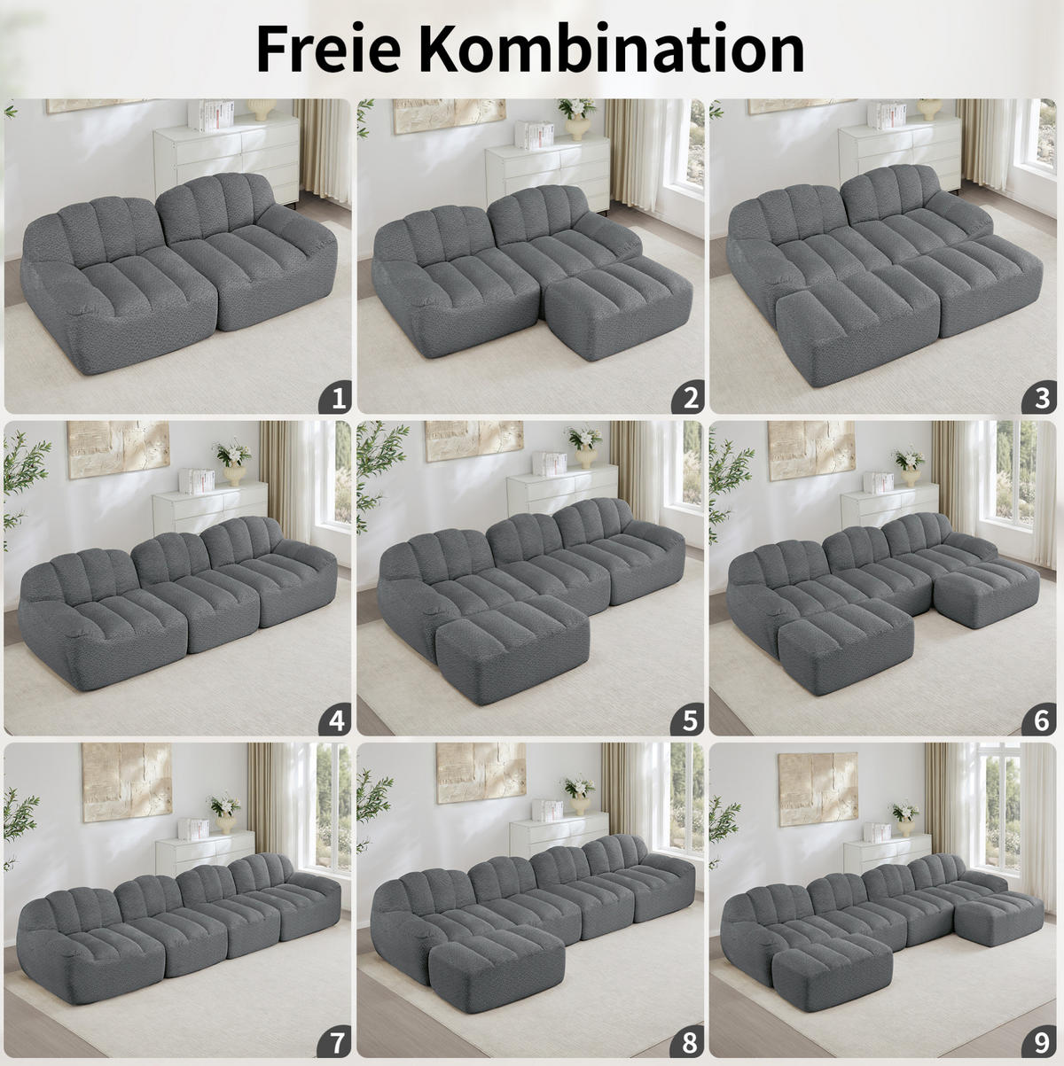 SOFA 210/104/79 cm in Grau, modular, aus Granulierter Fleece, ohne Aufbau - Grau, Textil (104/79/210cm) - Flora Grace