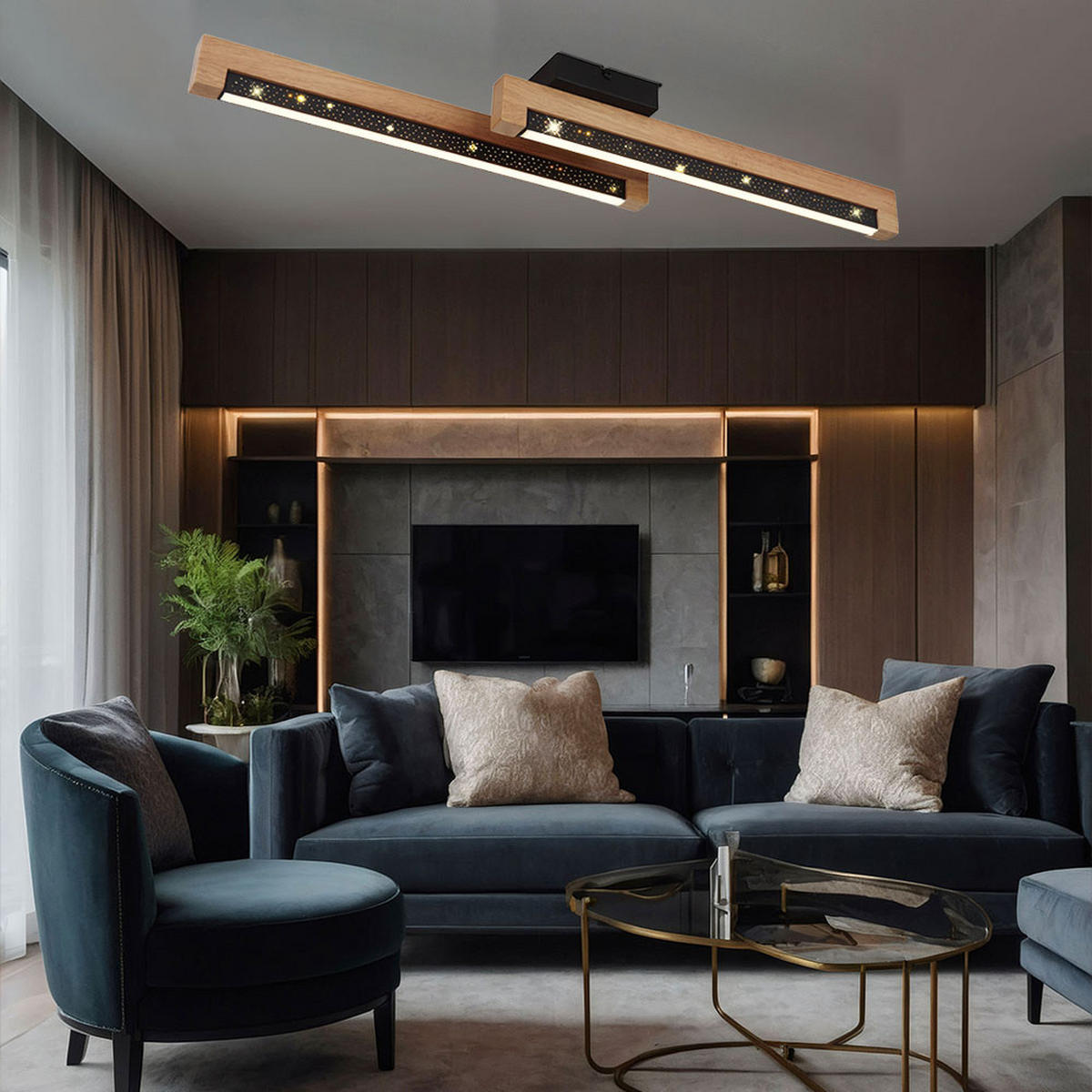 LED DECKENLEUCHTE STARLA Braun Holz Aluminium - Braun, Holz (70/13/8cm) - Globo Lighting