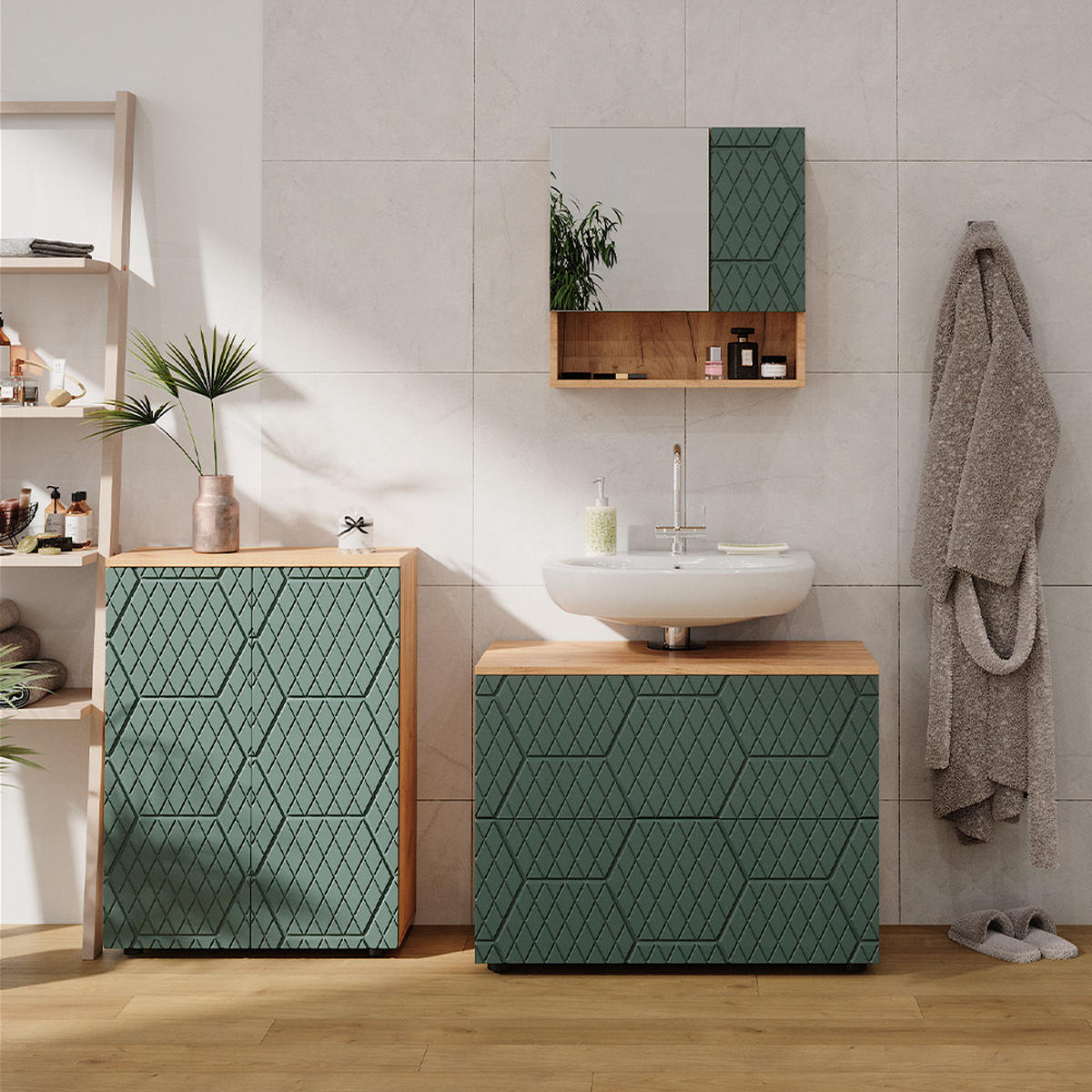BADMÖBEL-SET Irma Grün 3 Teile, mit Unterschrank 80 cm - Eiche Wotan/Grün, Holzwerkstoff (80/58/41cm) - Vicco