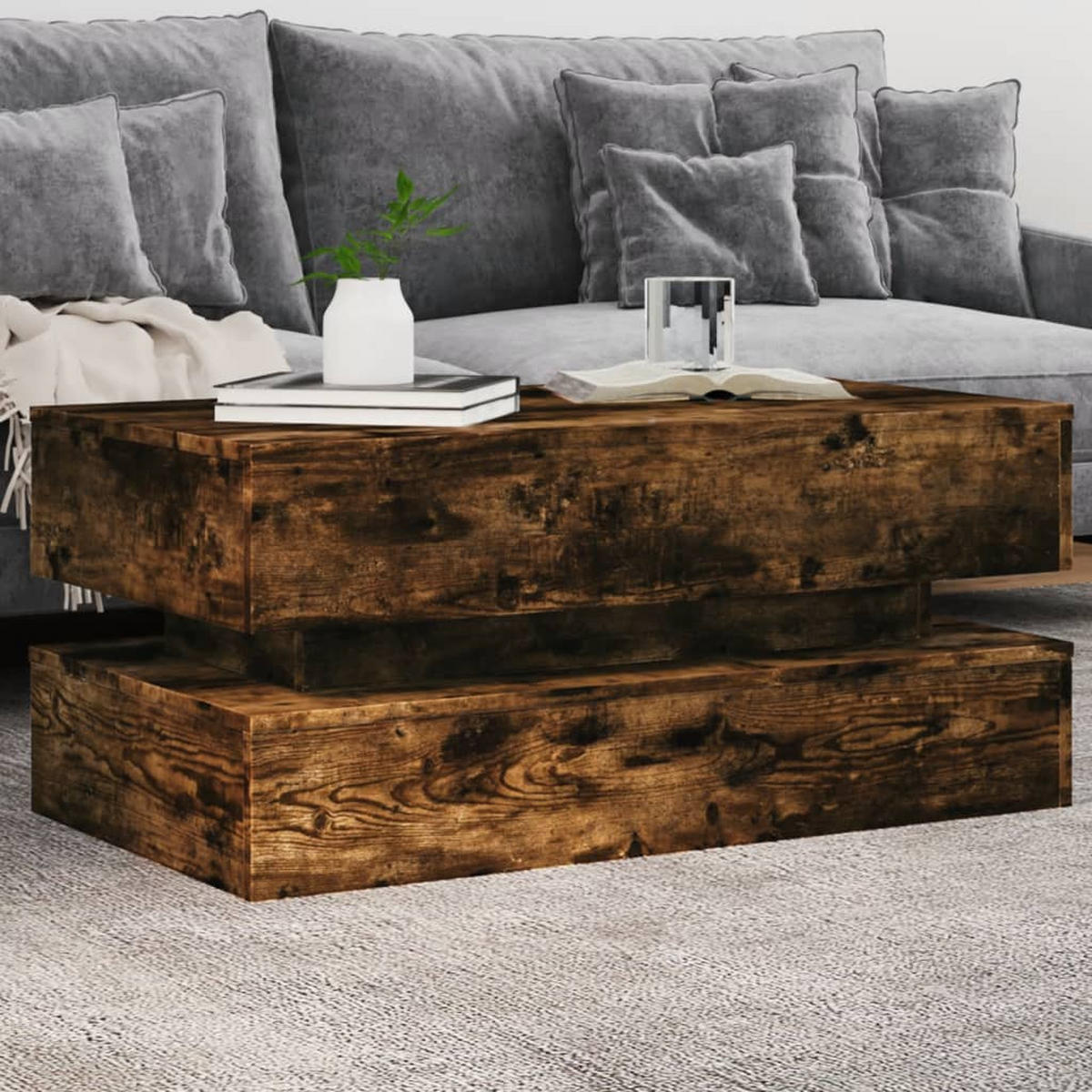 COUCHTISCH Moderner 90/50/40 cm aus Holzwerkstoff Räuchereiche-Dekor mit Led-Leuchten - Dunkelbraun, Holz (50/90/40cm) - vidaXL