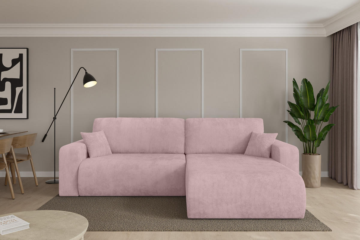 ROHOVÁ SEDAČKA s funkcí spaní, otoman vpravo BERY-L 276x193x88 růžová manšestr - růžová/černá, kompozitní dřevo/textil (276/193cm) - ALTDECOR