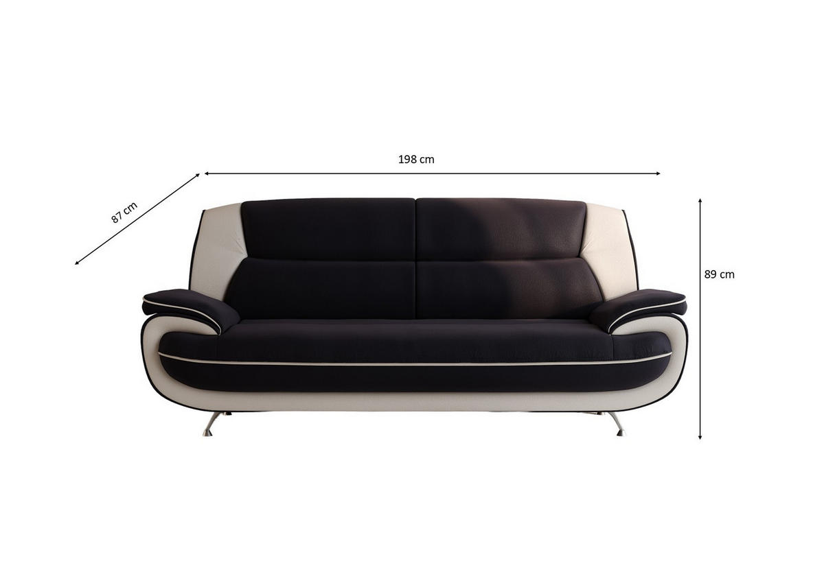 SOFA 3-Sitzer, Stoff Soft, Schwarz + Weiß, Palermo - Schwarz, Holz (198/89/87cm) - Kaiser Möbel