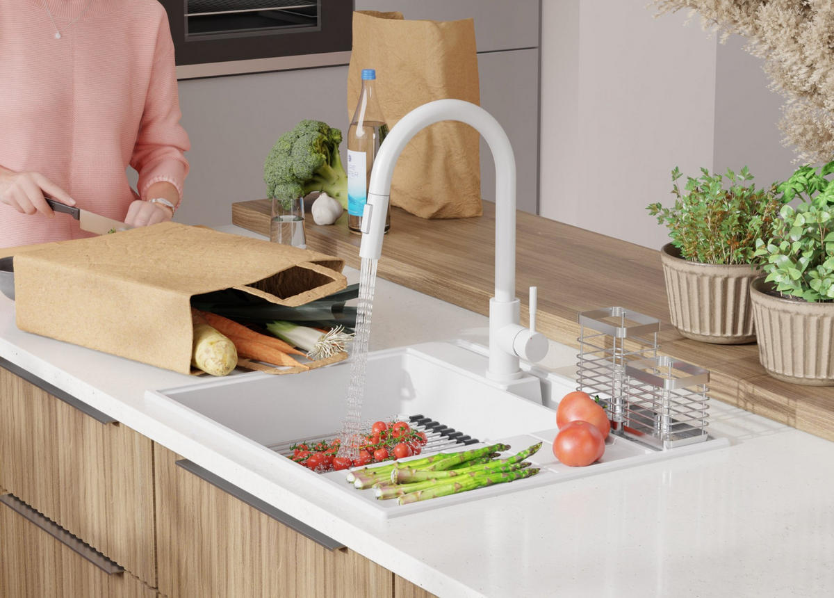 SPÜLBECKEN Sydney Pocket, 2-er set Weiß 62/53 cm 1 Becken + Ablauf-Set + Küchenzubehörset ab 45er Unterschrank - Chromfarben/Beige, Kunststoff (62/20/53cm) - Primagran