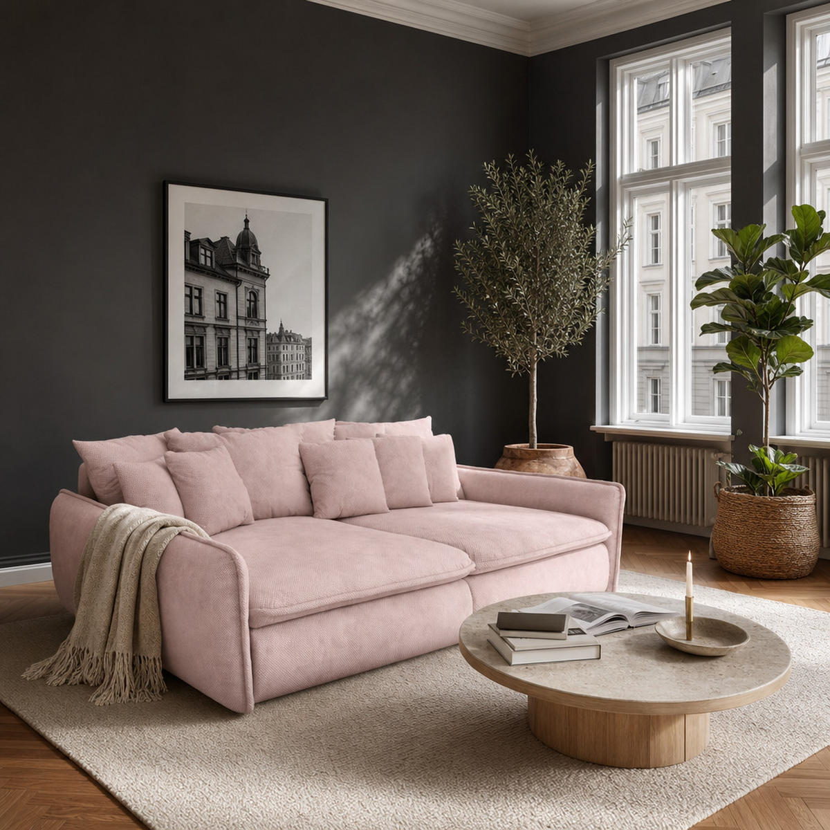 BIGSOFA Hereford Velvet Rosa inkl. 11 Kissen 234/131/61 cm - Altrosa, Kunststoff/Textil (234/61/131cm) - foamnova