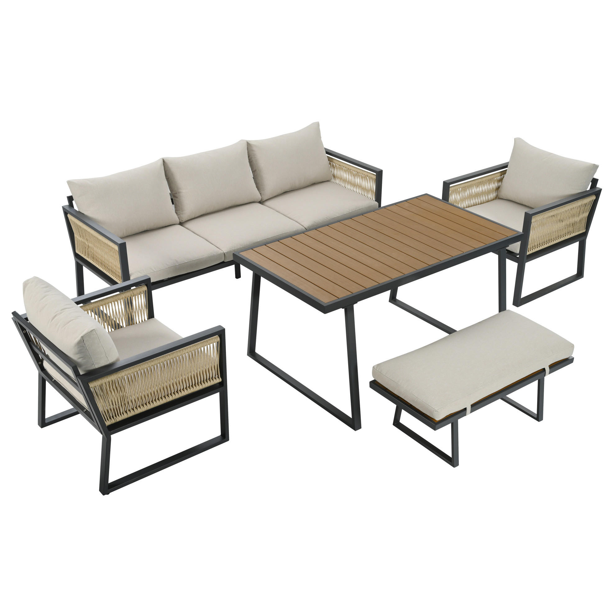 5-TLG. Gartenmöbel-Set mit Esstisch, 3-Sitzer-Sofa, 2 Sesseln und Hocker, mit Seilgeflecht und Kunststoffholzplatte, Beige - Beige, Textil - Redom
