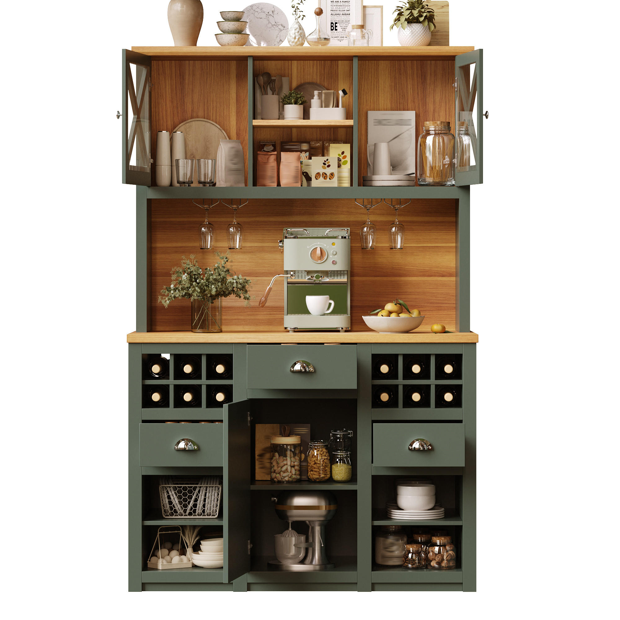 BUFFET 120/45/188 cm antikgrün aus MDF und Glas mit LED - Dunkelgrün, Holzwerkstoff (120/188/45cm) - OKWISH