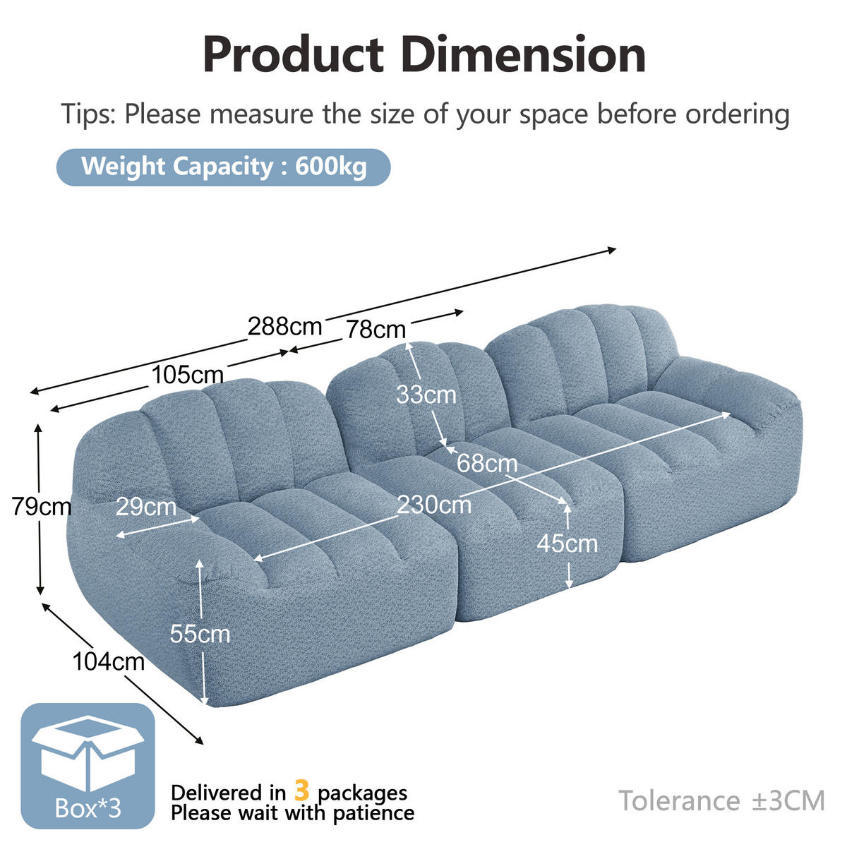 3-SITZER Sofa 288×104×79 cm Granuliertes Fleece rahmenlos modular, blau - Blau, Textil (104/79/288cm)