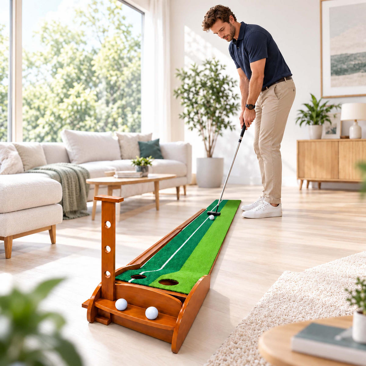 PUTTINGMATTE Natur Grün automatische Ballrückgabe 300 cm - Multicolor, Holz/Kunststoff (37.5/300cm) - Relaxdays