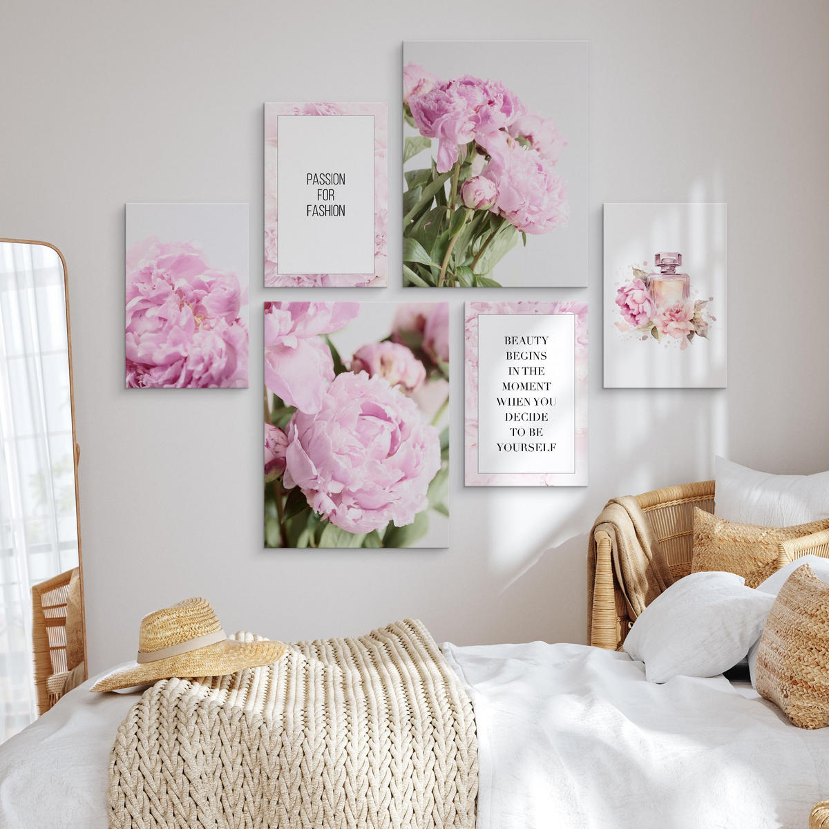 LEINWANDBILDER 6-er Set Blumen Zitate - Beige/Schwarz, Textil (90/80cm) - Muralo