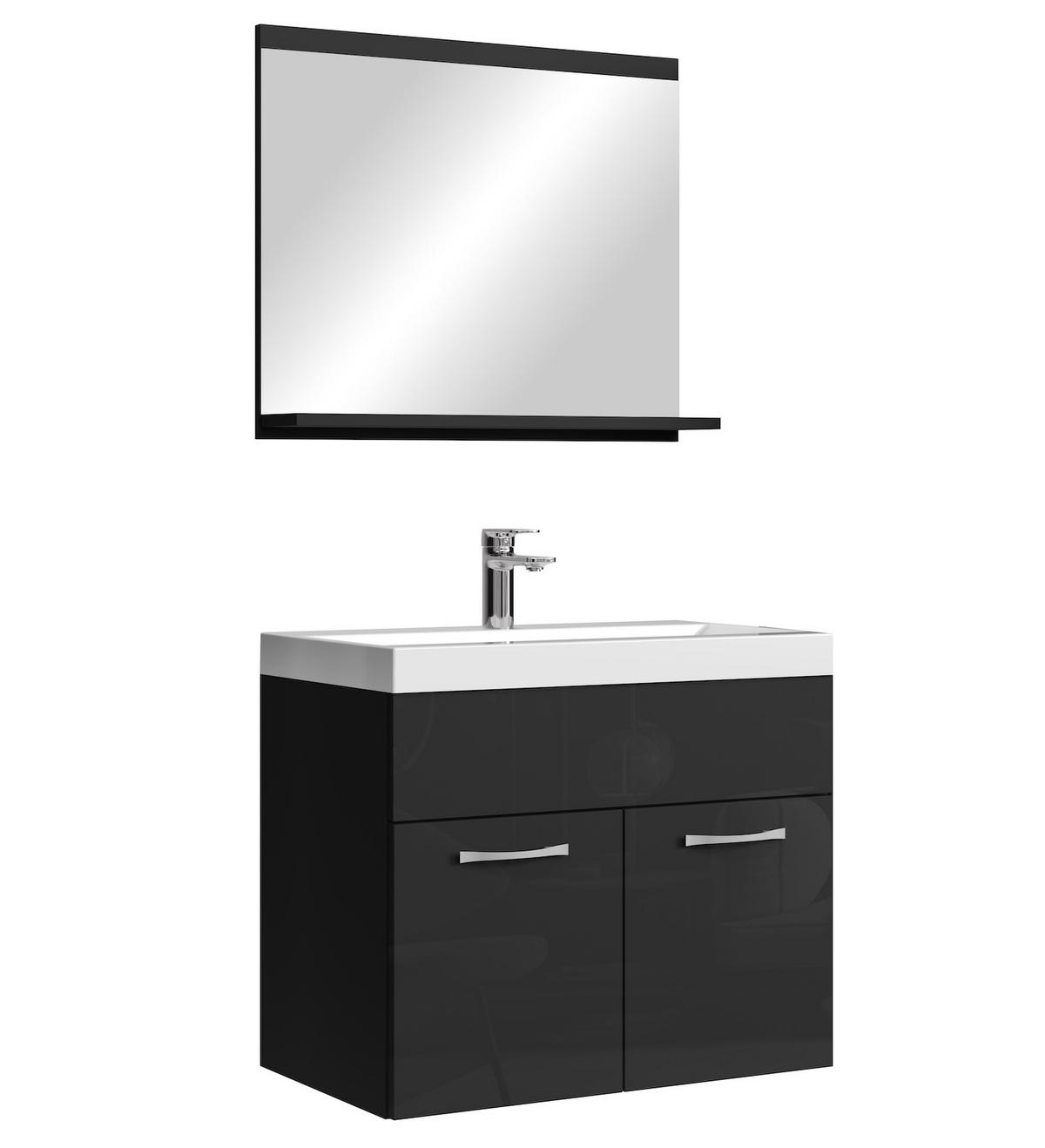 BADMÖBEL-SET Montreal 02 3 Teile Beton Schwarz Hochglanz - 60 x 35 x 51 cm - Chromfarben/Schwarz Hochglanz, Holz/Metall (60/51/35cm) - Badplaats