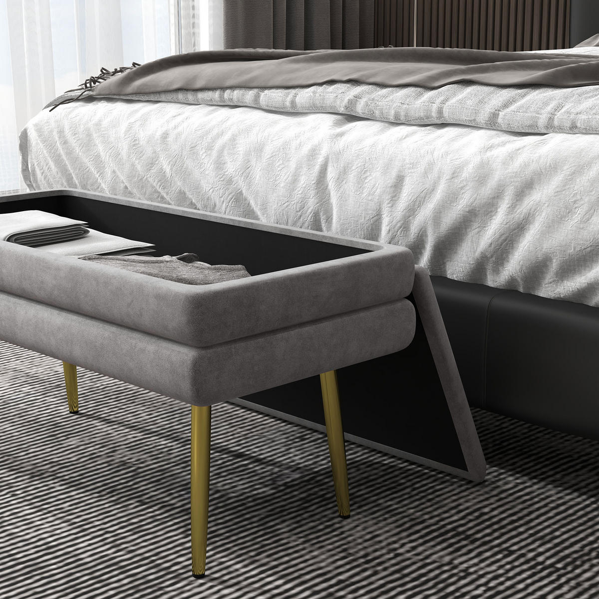 TRUHENBANK DE-16420 2-in-1 mit Stauraum und Samtbezug Grau/Gold - Grau, Textil (79.5/43/37.5cm) - ComfortXL