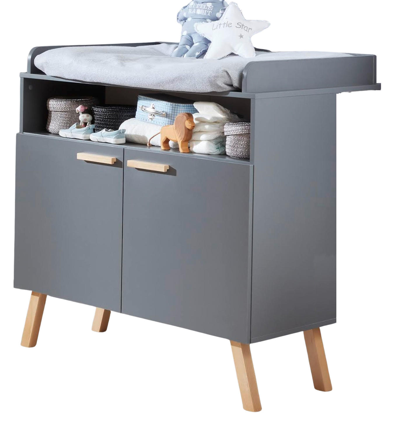 WICKELKOMMODE grau matt mit Buche massiv, Wickeltisch 96 x 105 cm - Eichefarben/Buchefarben, Holz/Holzwerkstoff (78/105/96cm) - Top.Furn