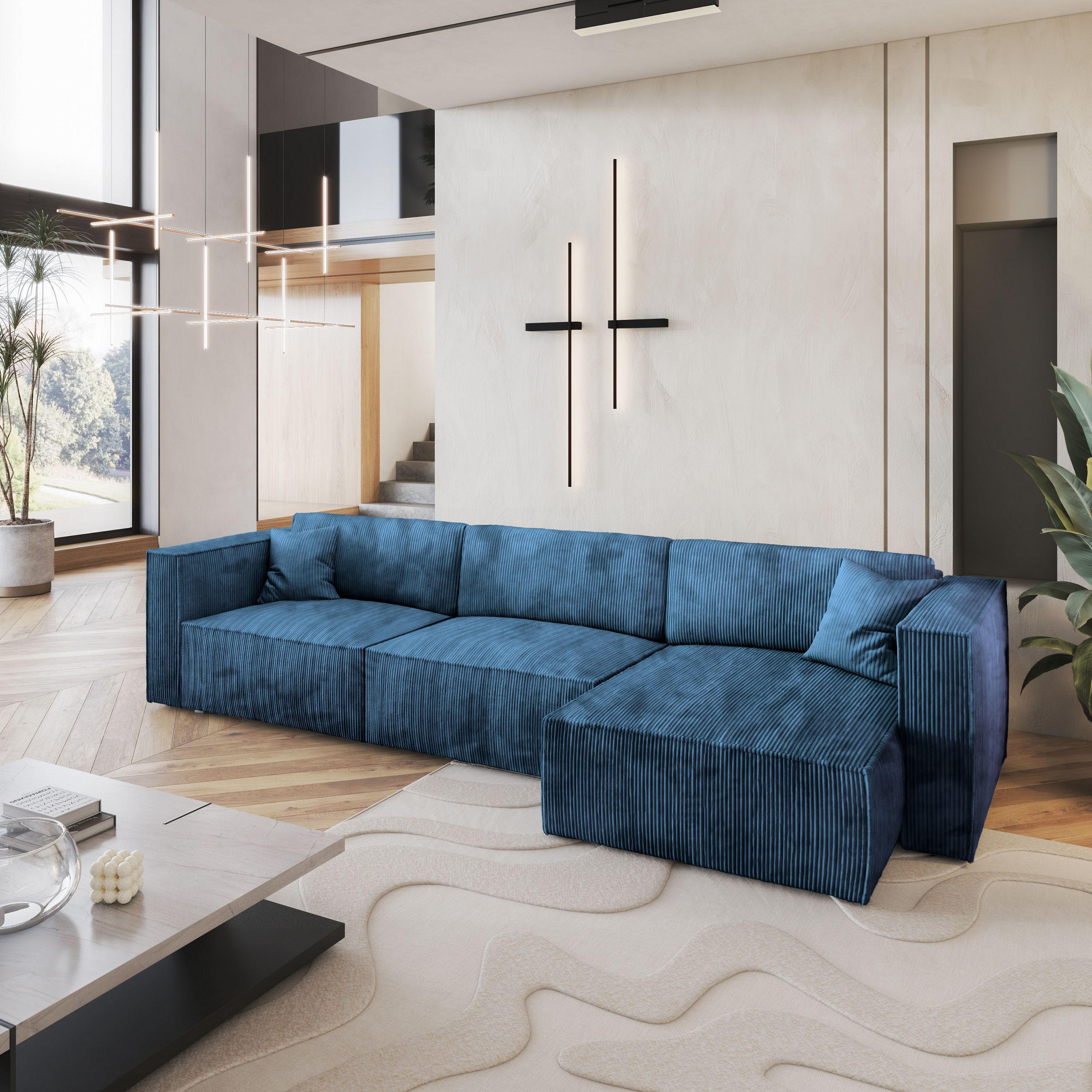 ECKSOFA TOLMO P Blau Kordstoff mit Schlaffunktion - Blau, Holz (347/148cm) - MASSENO