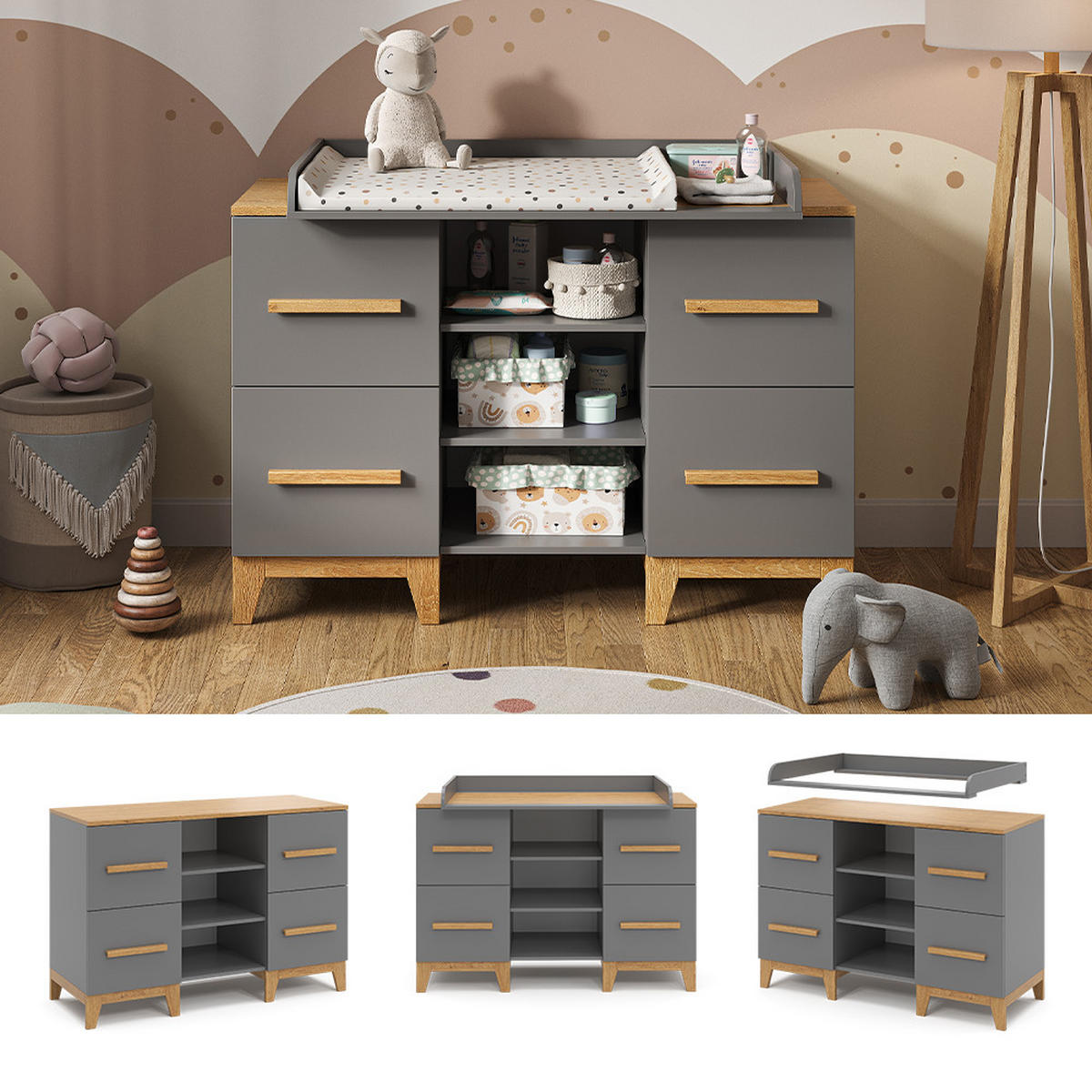 WICKELKOMMODE Malia Grau 133 x 98 cm XL mit 4 Schubladen - Eichefarben/Grau, Holzwerkstoff (133/108/70cm) - VitaliSpa