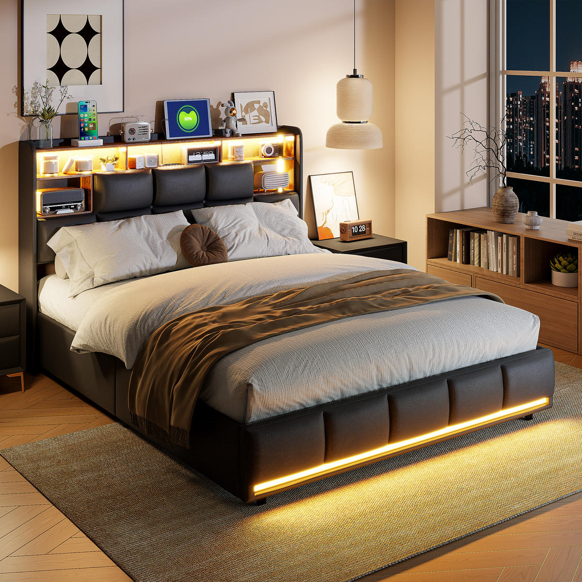 POLSTERBETT mit Stauraum 160x200 cm, USB, LED & Lattenrost, schwarz - Schwarz, Metall (160/200cm)