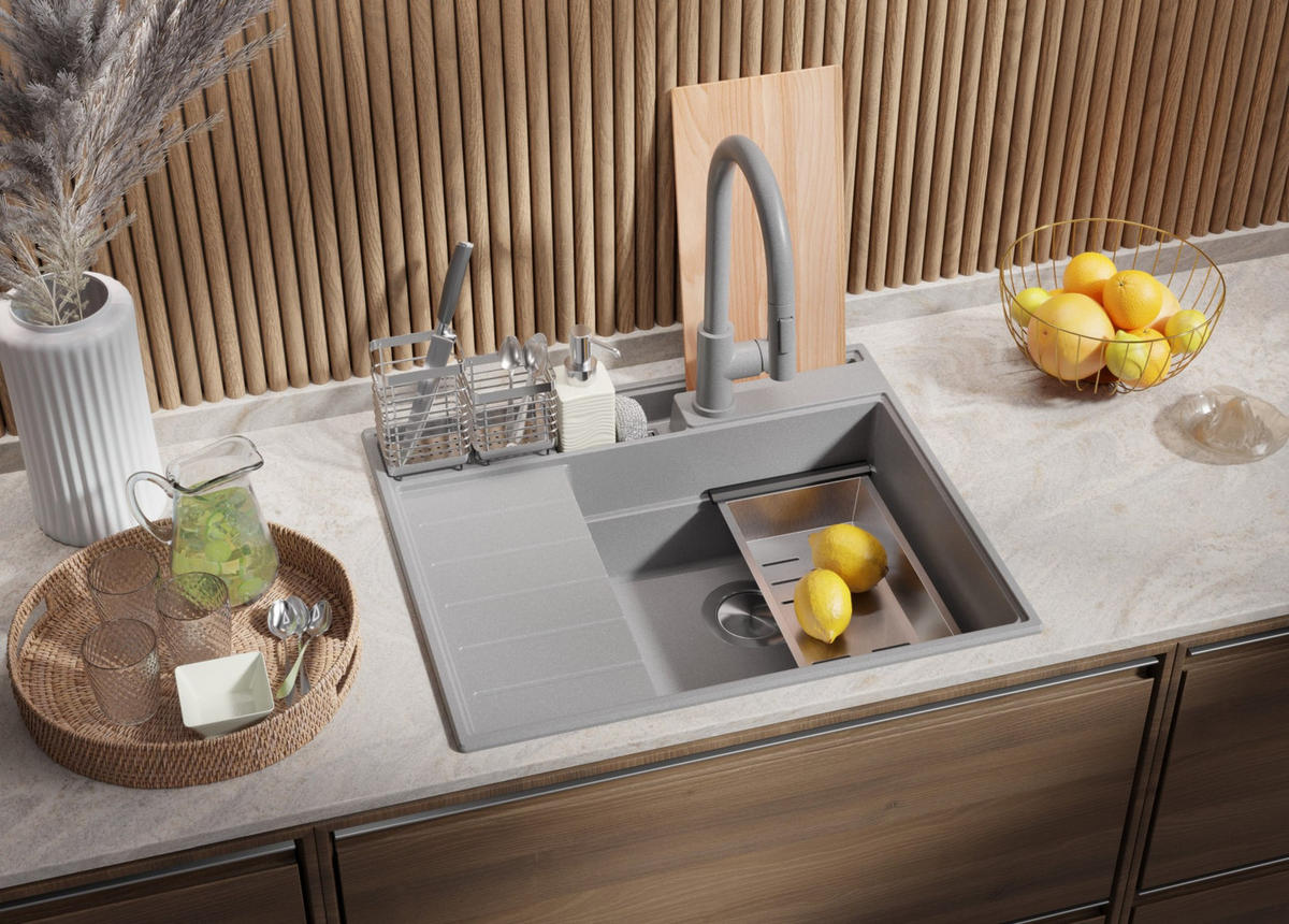SPÜLBECKEN Sydney Pocket, 2-er set Grau 62/53 cm 1 Becken + Ablauf-Set + Küchenzubehörset ab 45er Unterschrank - Chromfarben/Beige, Kunststoff (62/20/53cm) - Primagran