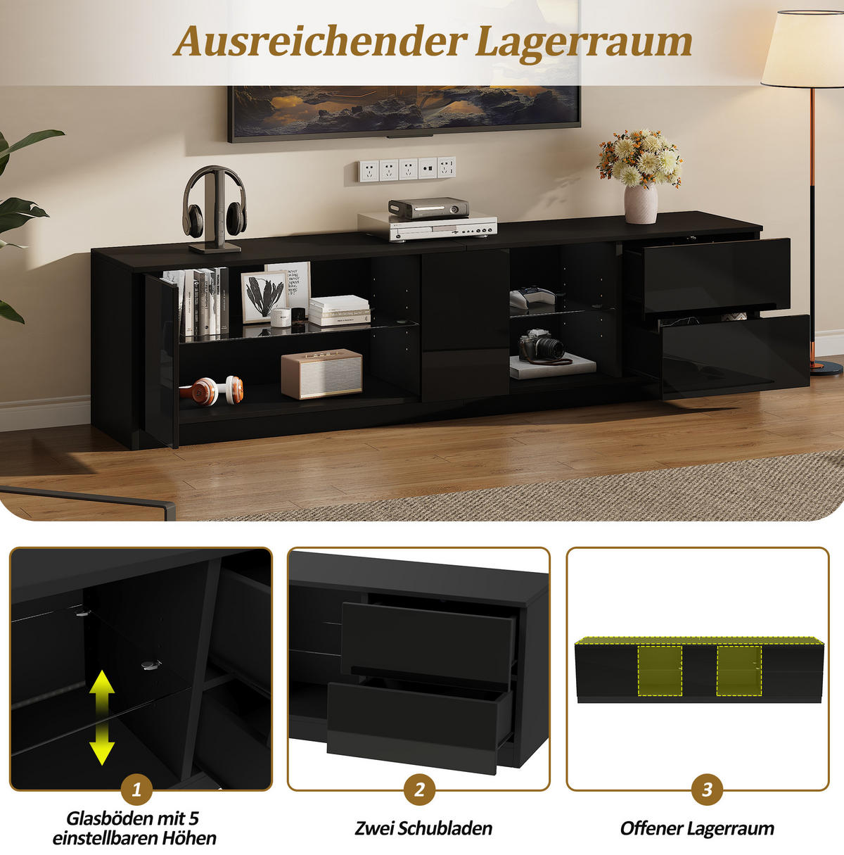 TV-LOWBOARD 160/40/52 cm schwarz aus MDF mit LED-Beleuchtung - Schwarz, Holzwerkstoff (160/52/40cm) - OKWISH