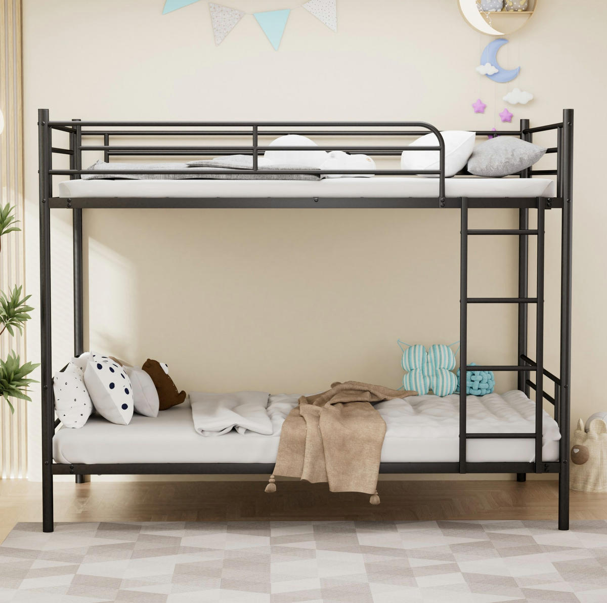 ETAGENBETT Stahl 90x190 cm Schwarz mit Leiter und hohem Geländer platzsparend - Schwarz, Metall (90/190cm) - Modfu