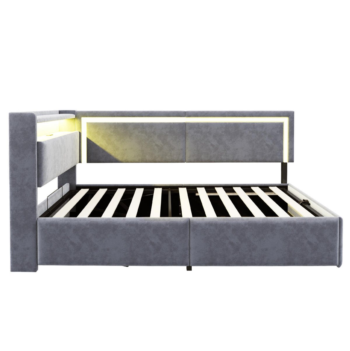 POLSTERBETT 90/200 cm aus Samt mit LED-Beleuchtung, USB-Anschluss und hydraulischem Bettkasten, Hellgrau - Hellgrau, Holzwerkstoff (90/200cm) - Redom