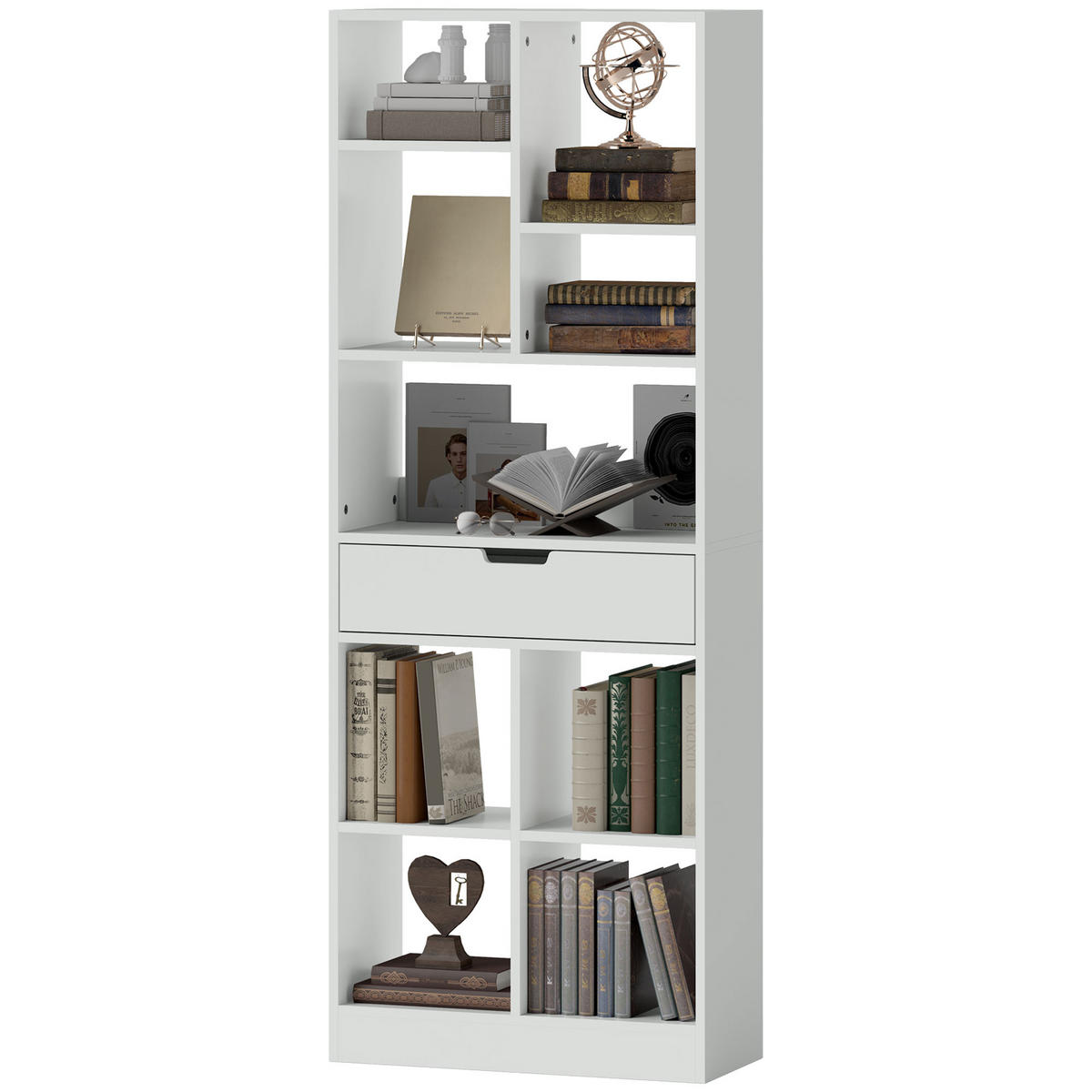 BÜCHERREGAL DE-09382 9 Fächer mit Schublade Weiß - Weiß, Holzwerkstoff (26/158/60cm) - ComfortXL