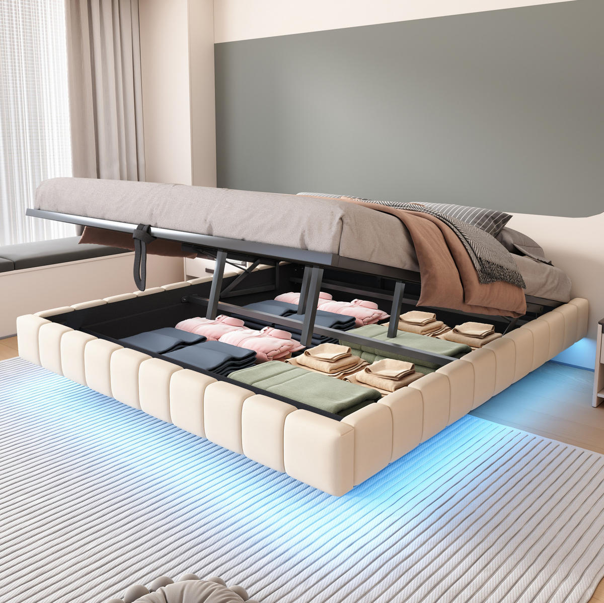 ČALÚNENÁ posteľ 180/200 cm béžová s LED osvetlením a úložným priestorom z ľanovej tkaniny - béžová, textil (180/200cm) - OKWISH