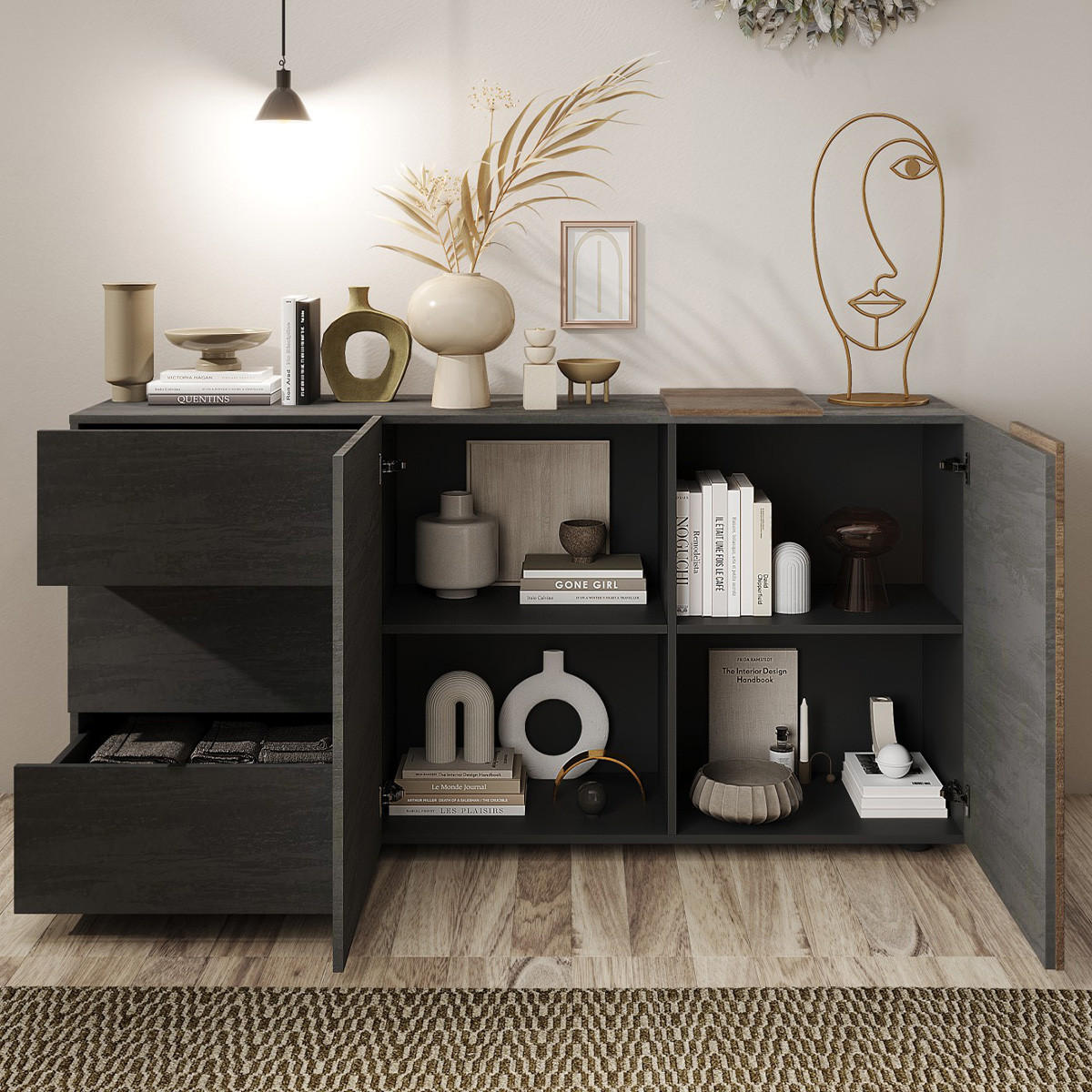 BUFFET 2 Türen 3 Schubladen L181 cm - Pluton - Nussbaumfarben, Holzwerkstoff (44/84/181cm) - Calicosy