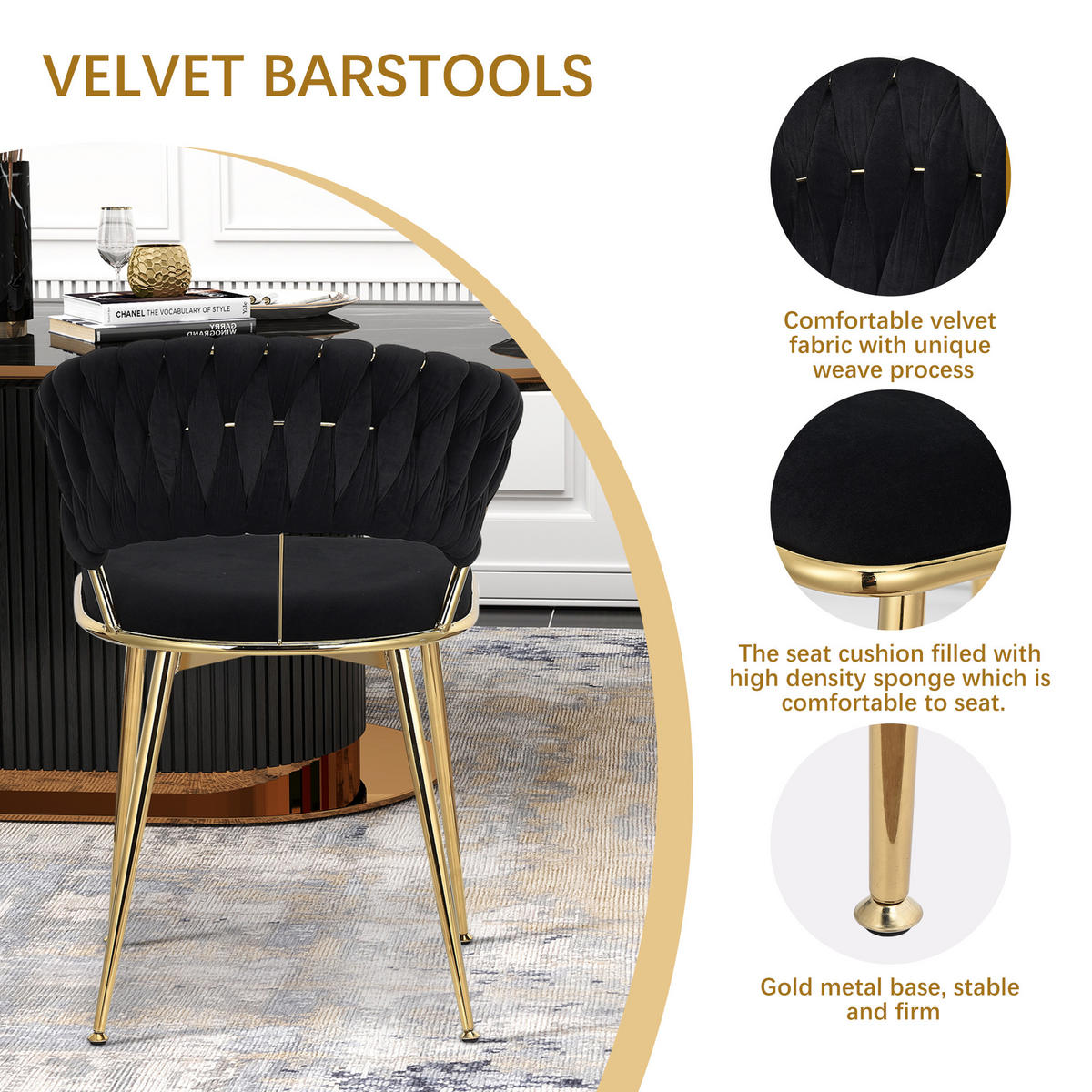 ESSZIMMERSTUHL 2er Set aus Samt, Schwarz - Schwarz, Metall (43.5/75/43.5cm)