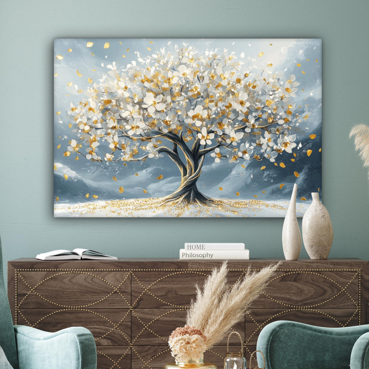LEINWANDBILD Baum - Winter - Baum des Lebens - Modern - Gold Groß 140x90 cm - Goldfarben, Textil (140/90cm) - MuchoWow