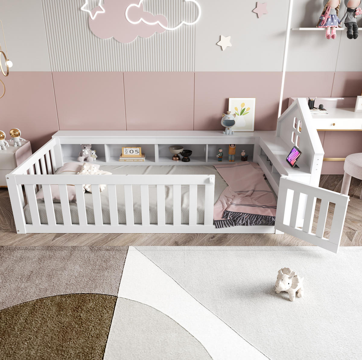KINDERBETT 90/200 cm aus Massivholz mit Dachaufsatz, Fenster und Stauraum Weiß - Weiß, Holz (90/200cm) - Modenvie